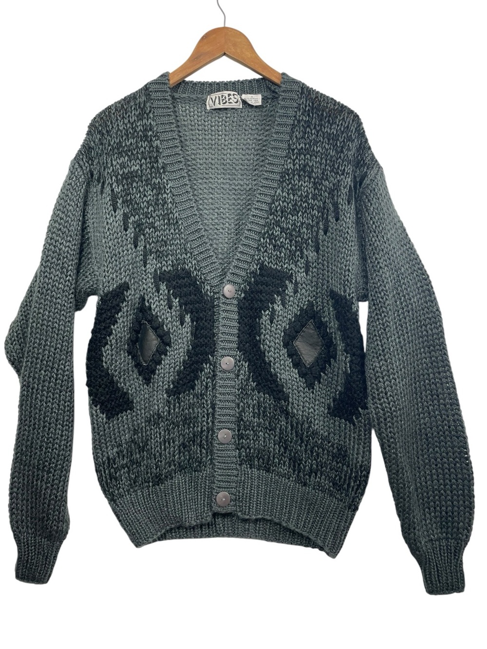Vintage 80s 90s VIBES Chunk Knit Cardigan Sweater Geometric Leather Trim S